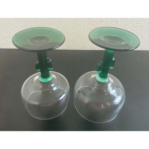 Cactus Stem Margarita Glasses Green 6" Tall Set of 2 Libbey Cocktail Glasses - Picture 2 of 5